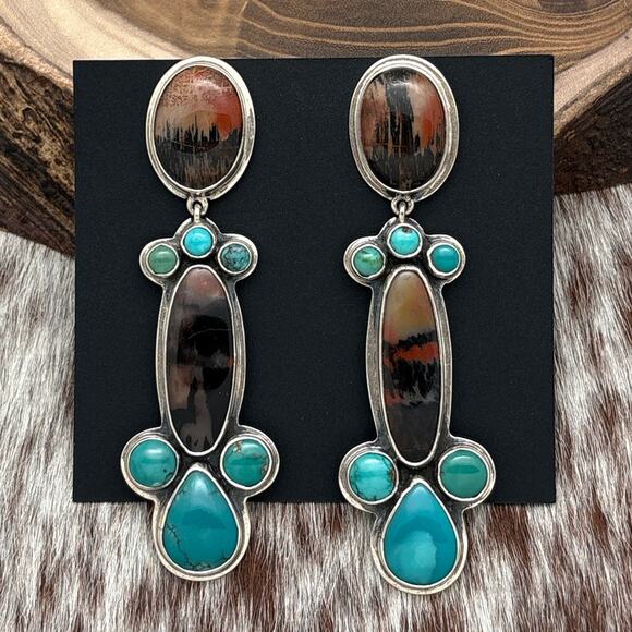 FEDERICO JIMENEZ Sterling Petrified Wood & Turquoise Statement Dangle Earrings - Picture 1 of 3